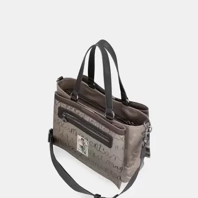 Mala tipo pasta cinza com texto manuscrito e alças pretas