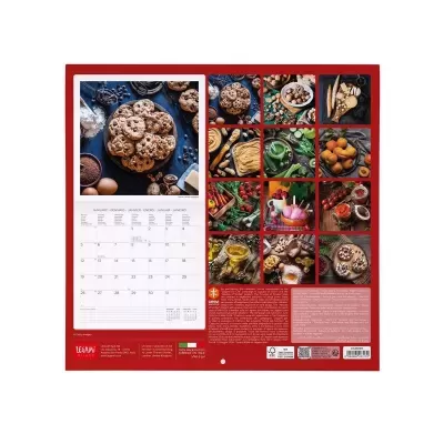 calendário de parede com fotos de alimentos e quadrícula mensal em fundo vermelho