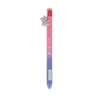 Caneta rosa para azul com figura de gato cinzento agarrado ao topo