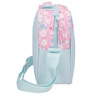 Mala pequena azul claro com padrão floral rosa e lilás