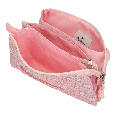 Necessaire rosa com padrão floral e compartimentos com fecho