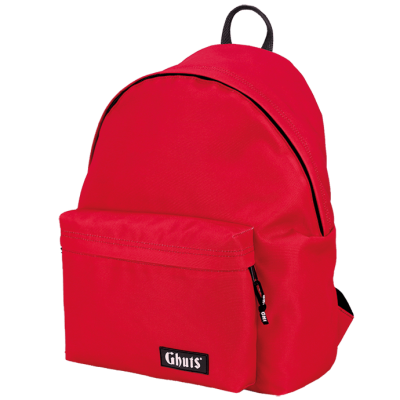 mochila vermelha com bolso frontal e etiqueta Ghuts