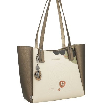 Mala de mão Anekke bege e castanha com pendente decorativo