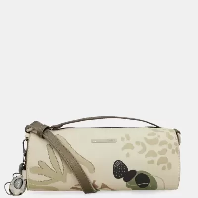 Carteira cilindro bege com padrão abstracto e alça castanha