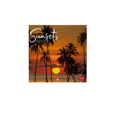 Calendário 2024 com imagem de pôr do sol e palmeiras
