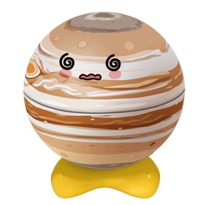 Globo de madeira pintado como Júpiter com rosto e suporte amarelo