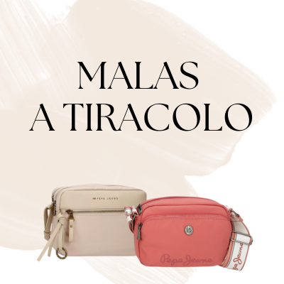 Duas malas a tiracolo, uma creme e outra coral, sobre fundo bege claro com texto 'MALAS A TIRACOLO'