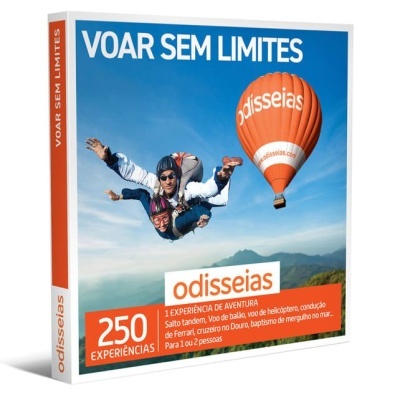 Caixa do produto 'Voar Sem Limites' da Odisseias com imagem de paraquedismo e balão de ar quente