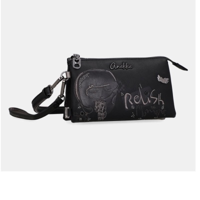 Bolsa de mão preta Anekke com alça, decorada com rosto e texto em prata