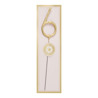 Vela de aniversário dourada número 6 em embalagem de cartão branco e dourado