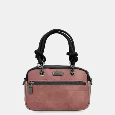 Mala de mão pequena em rosa e bege com alças pretas e fecho com zipper frontal