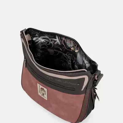 Mala de ombro castanho e preto com interior floral