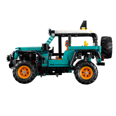 Modelo de carrinho de blocos de construção azul com rodas laranja e preto, texto RUBICON e Jeep, patinho amarelo no banco.