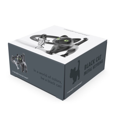 Embalagem de chaveiro metálico de gato preto com olhos verdes