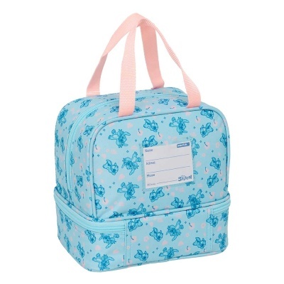 Mala azul com padrão de personagens azuis e alças cor-de-rosa