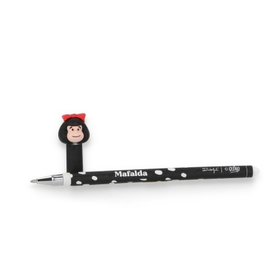 Caneta preta com pontos brancos e figura de Mafalda na tampa.
