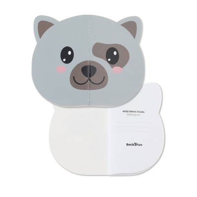 Caderno infantil com capa em forma de cabeça de animal cinzento com texto impresso