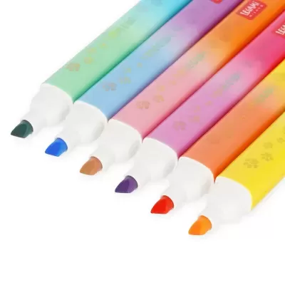 Marcadores coloridos com tampas brancas e corpo em cores degradê