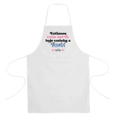 Avental branco com texto colorido e bolso frontal