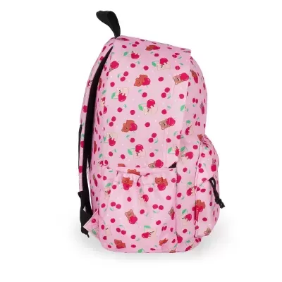Mochila rosa com padrão de ursos e cerejas