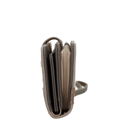 Carteira compacta bege com três compartimentos e fecho de correr