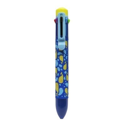 Caneta esferográfica multicolor azul com padrão de baleias e botão amarelo no topo