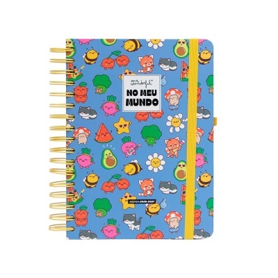 Agenda azul com ilustrações e fecho elástico amarelo