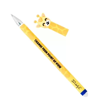 Caneta amarela com padrão de girafa e tampa em forma de cabeça de girafa.