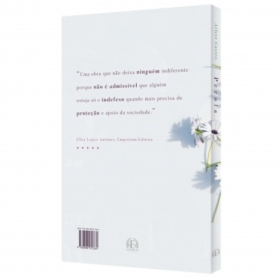 Livro branco com texto em português e ilustração de flores na capa traseira