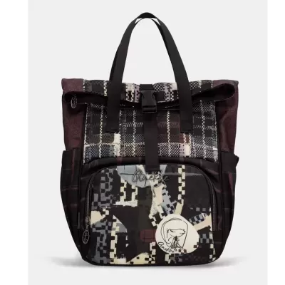 Mochila Anekke com padrão quadriculado e bolso frontal com ilustração