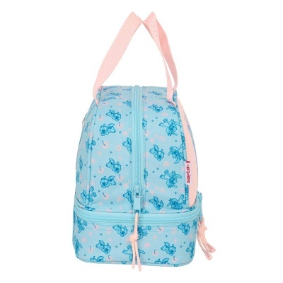 Lancheira azul clara com padrão Stitch e alças cor-de-rosa