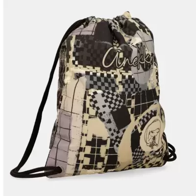 Mochila saco com padrão geométrico e texto Anekke