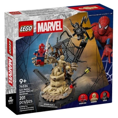 Caixa LEGO Marvel Spider-Man 3 com figuras de Lego e cenário de batalha
