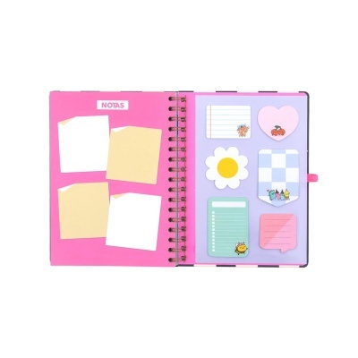 Caderno espiral com folhas decorativas para notas coloridas.