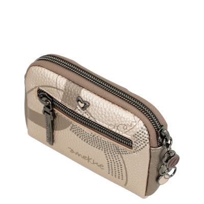 Porta-moedas em pele sintética bege com padrões e fecho de correr