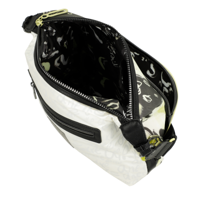 Bolsa tipo pochete branca com fechos pretos e detalhes amarelos