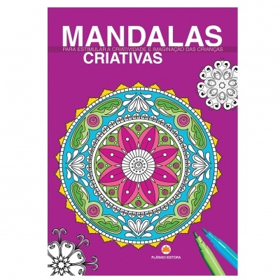 Capa de livro de mandalas criativas com mandala colorida e marcadores