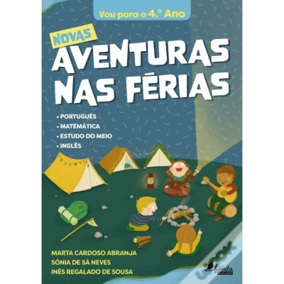 Capa do livro NOVAS AVENTURAS NAS FÉRIAS com ilustração de crianças em acampamento e texto