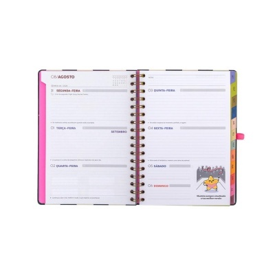 Agenda semanal aberta com divisórias coloridas de meses e ilustração de estrela sorridente