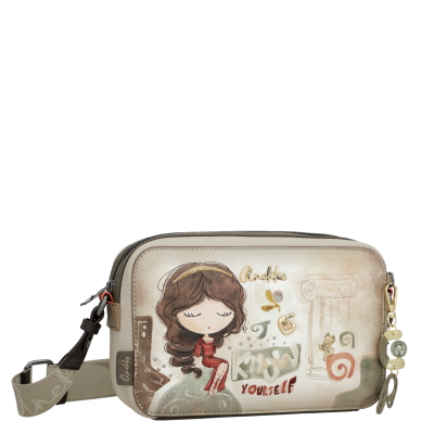 Mala de mão retangular creme com ilustração e texto