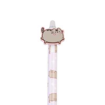 Caneta cor-de-rosa com padrão de gatinhos e topper de gato cinzento