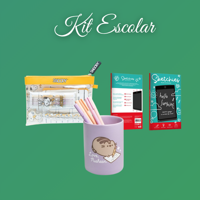Kit escolar com estojo Snoopy, copo lilás Gato Pusheen com lápis e embalagens de cadernos de esboço