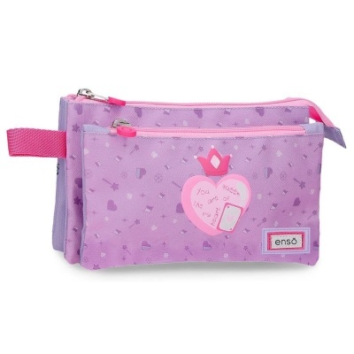 Conjunto de duas bolsas roxas com zíper rosa e padrão de corações e estrelas