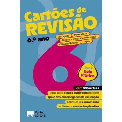 Capa do livro Cartões de Revisão 6.º ano com número 6 grande e texto informativo