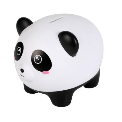 Mealheiro em forma de panda preto e branco com bochechas cor de rosa