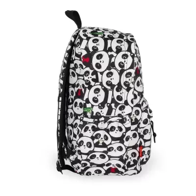 Mochila com padrão de pandas em preto e branco com detalhes coloridos pequenos