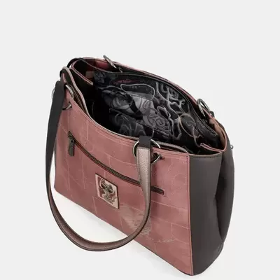 Mala de senhora bicolor castanho claro e escuro com padrão quadrado e bolso frontal