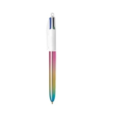 Caneta esferográfica multicolor com corpo em degradé de azul a rosa e branco