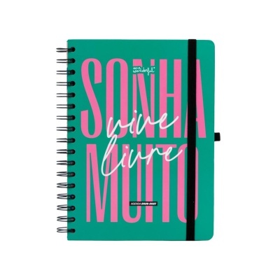 Agenda verde com letras cor-de-rosa e texto branco e preto, encadernação espiral preta e elástico preto