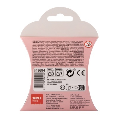 Embalagem rosa e branca da APLI Kids com texto de alerta e código de barras